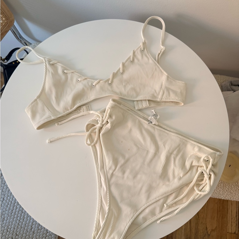 Cream/White Ribbed Lace-Up Bikini Set